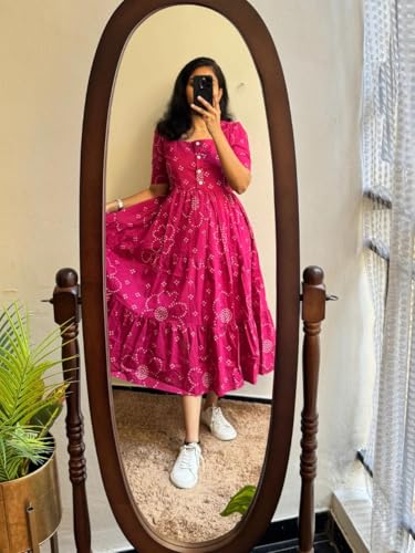Image of Women's Pink Bandhani Print Tiered Maxi Dress, Short Sleeve, Square Neck, Cotton