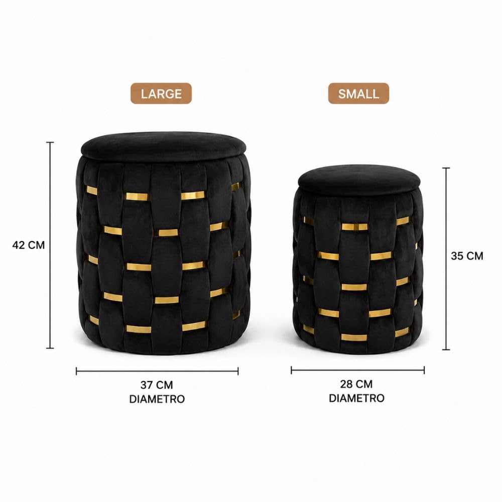 Set 2 Pouf Contenitore in Velluto con Fasce Oro – Pouf Rotondi Design Intrecciato con Coperchio – Seduta Imbottita Salvaspazio per Camera, Salotto e Ingresso (Nero)