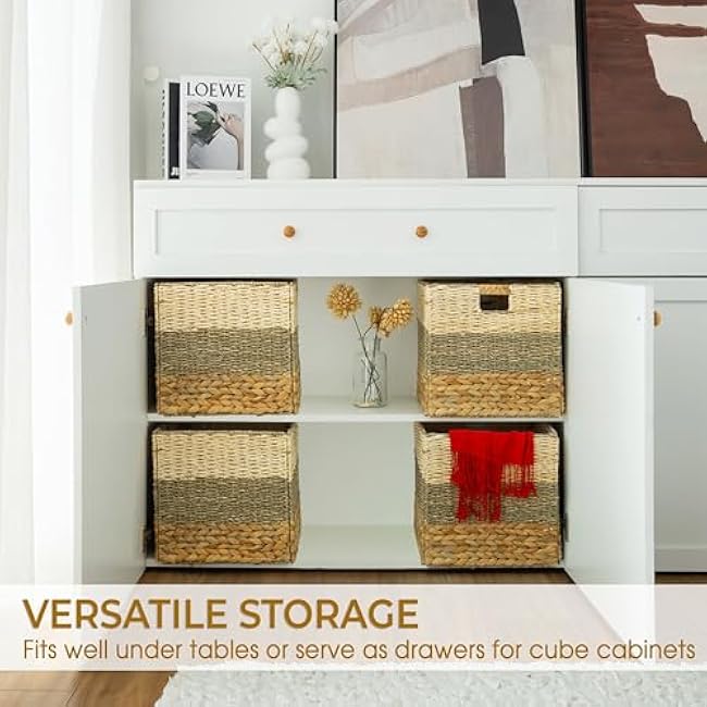 Wicker Storage Basket Set of 4-12x12x12 Inches, Heavy Duty Woven Cubes for Organizing, Foldable Storage Baskets, Natural Square Shelf Inserts