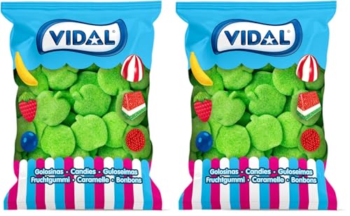 Vidal Golosinas. Manzanas azúcar. Golosina con forma de manzana recubierta de azúcar con increíble sabor a manzana.Color verde.Sin Gluten. Sin Grasa. Bolsa de 1 kg. (Paquete de 2)
