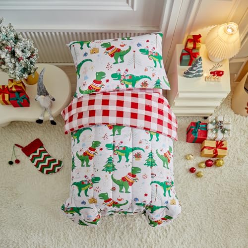 Image of Christmas Toddler Bedding Set for Boys Girls Green Dinosaur Colorful Holiday Toddler Bed Set - Soft Toddler White Bed in a Bag with Red Plaid Sheet Set and Pillow Shams