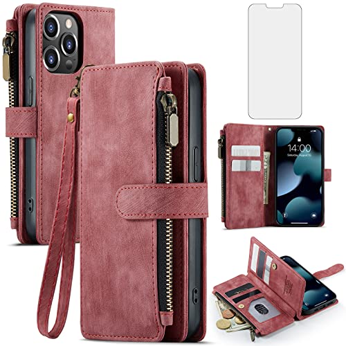 Étui iPhone 13 Pro en cuir PU rouge raffiné avec support et vitre de protection écran