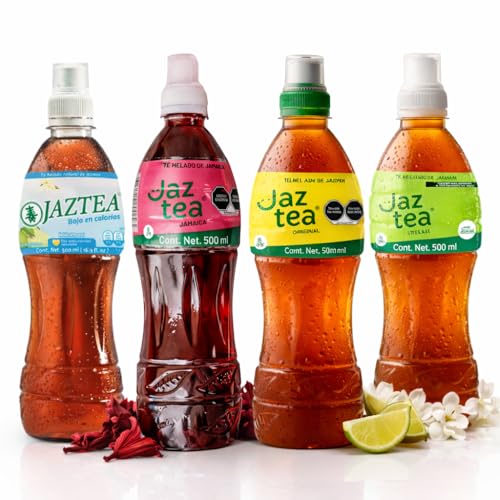 Jaz Tea 4 Pack Variety Bundle – Jasmine Iced Tea + Jamaica Hibiscus + Low Calories + Stevia | 500ml (16.9 fl oz) Each | Authentic Mexican Tea Drinks, Light, Refreshing & Smooth Flavor