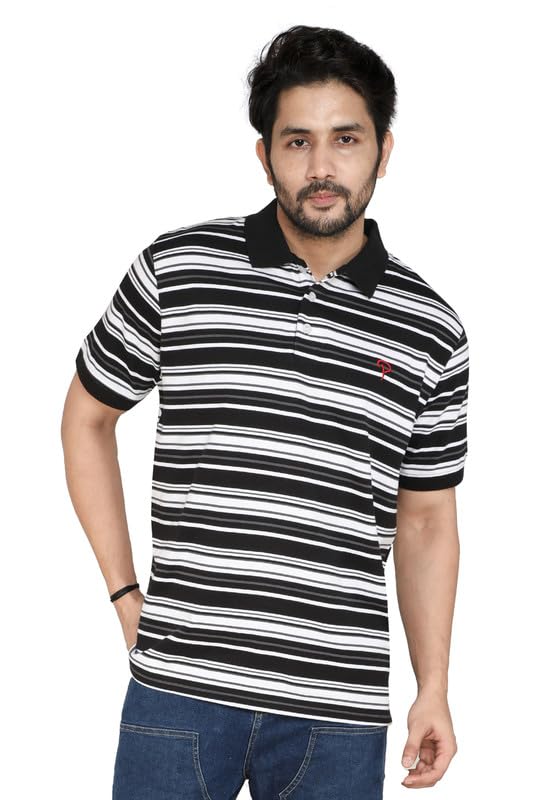 Image of Particle Men's Plus Size Big Size Cotton Polo Collar T-Shirt | Relaxed Fit Striped Half Sleeve | 100% Cotton 210 GSM | Smart Casual | Sizes 2XL-6XL | Breathable Summer Wear