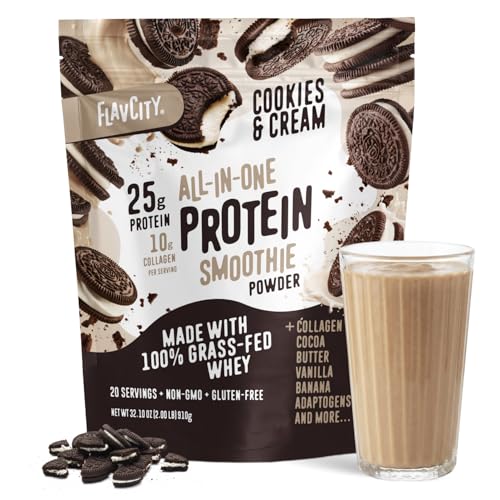 Image of FlavCity All in One Protein Shake Powder, Cookies and Cream - On the Go Meal Alternative + Collagen Peptides, Reishi & Cordyceps - Focus, Skin, Hair & Joint Support - 100% Grass Fed Whey, 20 Servings