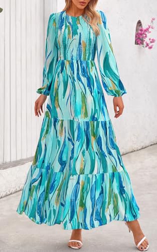 Image of PRETTYGARDEN Women's Fall Dresses 2026 Long Sleeve Flowy Casual Floral Maxi Dress Crew Neck Smocked Tiered Long Dress