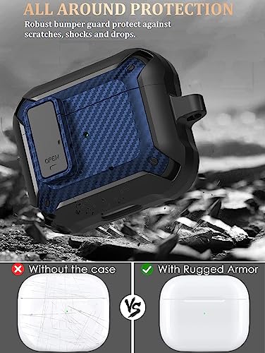 Image of Olytop for Airpods 3rd Gen Case with Lock 2021, Rugged Apple Airpods 3rd Generation Case Men Women, Armor Shockproof iPod 3rd Gen Case Protective Hard Shell with Carabiner&Cleaner kit, Black /Blue