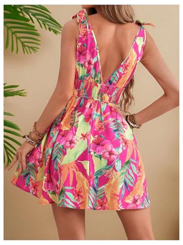 GORGLITTER Women's Floral Tropical Bow Tie Mini Dresses V Neck Sleeveless Open Back Flowy Dress Summer Beach Dress 20253