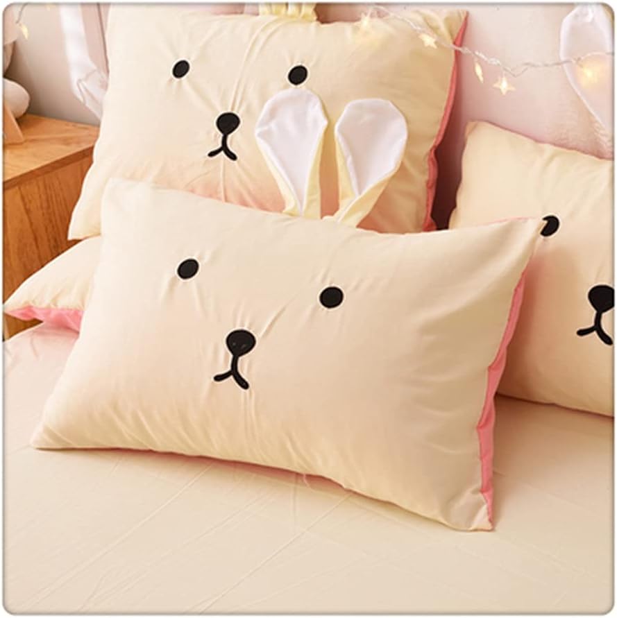 Pillow Case Cute Embroidered Cotton Bunny Ears Solid Color Pillow Case Children's Room Decoration Pair(Style D)