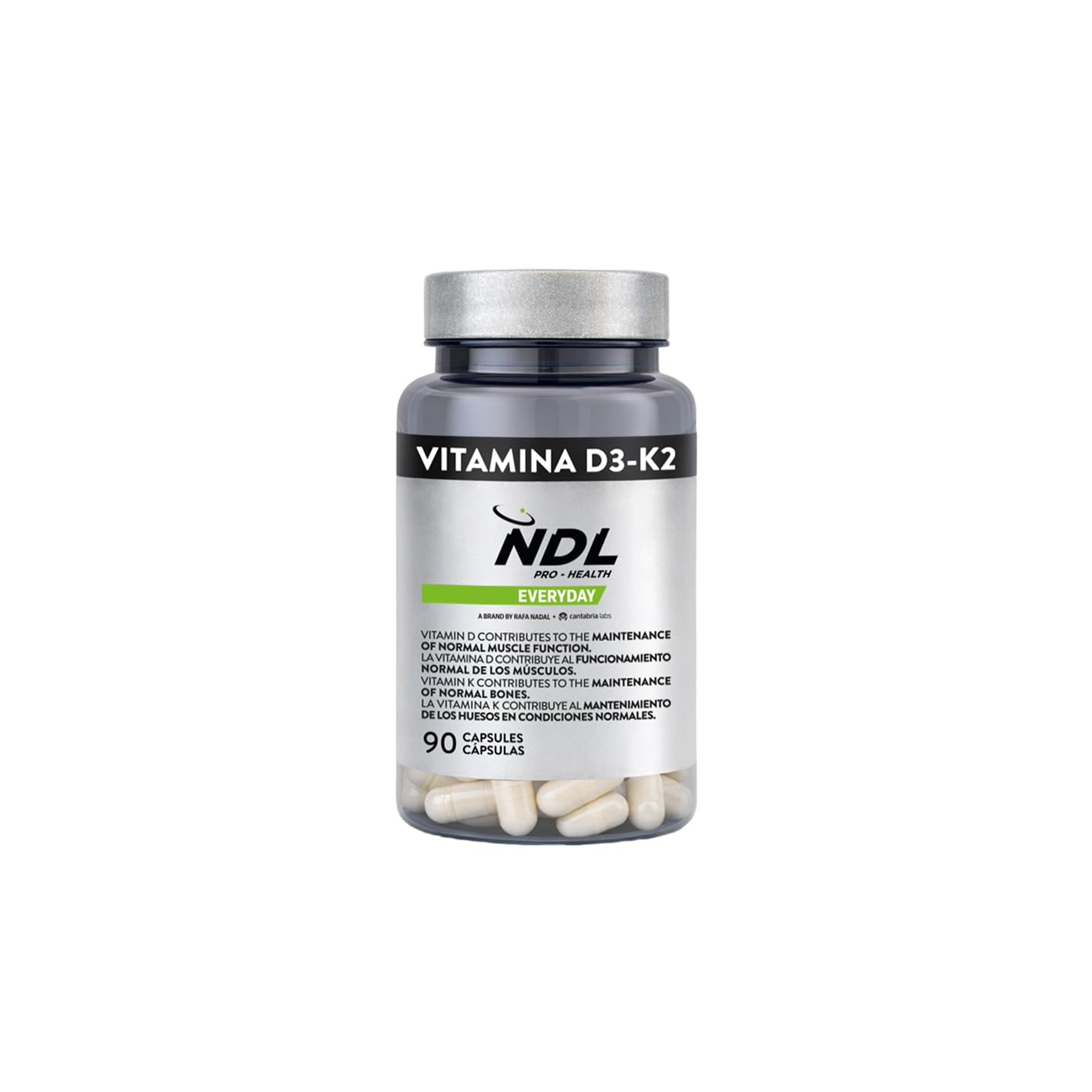 NDL Pro-Health Vitamina D3 + K2 | Supporto per ossa e sistema immunitario | Contribuisce al normale metabolismo del calcio | 90 capsule vegetali, 3 mesi | Un marchio di Rafa Nadal & Cantabria Labs