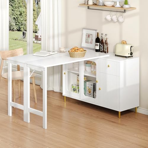 FAYICIC Moderno aparador de buffet blanco con mesa plegable y extensible, superficie giratoria, patas de metal doradas, puertas correderas de vidrio y patrón ondulado