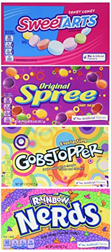 Wonka Theater Candy 4 Flavor Variety Pack: (1) Gobstopper, (1) Rainbow Nerds, (1) Original Spree, and (1) Sweetarts, 5 Oz. Ea. (4 Boxes Total)