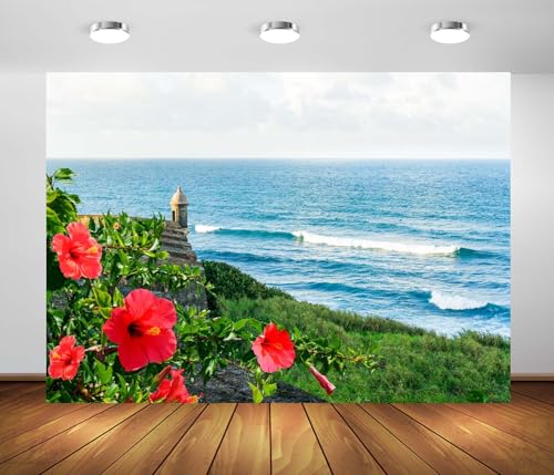 Loccor 7x5ft Fabric Old San Juan Backdrop Puerto Rico Coast National Historic Site Fortress with Blooming Flowers Ocean View Background Puerto Rico Theme Party Decorations Photo Props