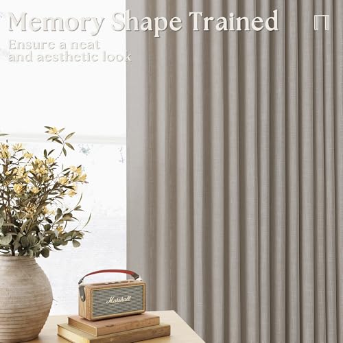 Image of Pinch Pleated Linen Curtains 112 Inches Long for Living Room 2 Panels Set Greyish Beige Flax Double Pleated Drapes Back Tab Farmhouse Ceiling Floor 112 Inch Window Curtains Bedroom Burlywood Birch