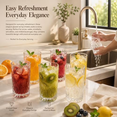 Image of bellemax 278 ML Checkered Design Water & Juice Glasses | Premium Drinking Glasses for Water, Juice, Cold Drinks & Beverages | Stylish Glass Tumblers for Home, Kitchen Set of 6