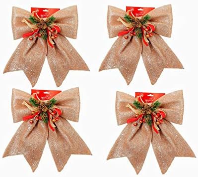 4PCS Glitter Christmas Bow 11.8x13.8inch Christmas Tree Bow Knot with Artificial Red Berries Pine Cones Pine Needles Stem Holiday Decorative Bows for Indoor Outdoor Wreath Xmas Tree Decor (Rose Gold)