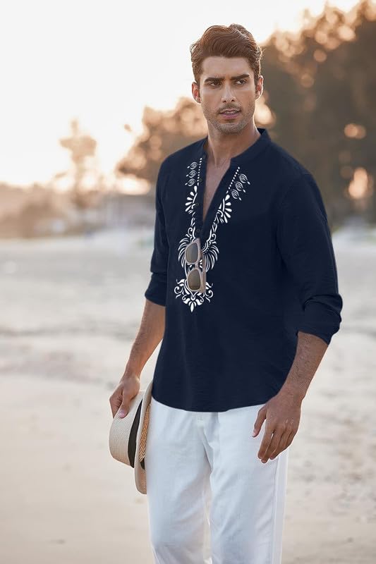 Image of FINIVO FASHION Men's Cotton Blend Short Kurta with Bold Printed Front Design | Full Sleeve Ethnic Casual Kurta with Mandarin Collar | Artistic Festival & Travel Wear for Modern Ethnic Style