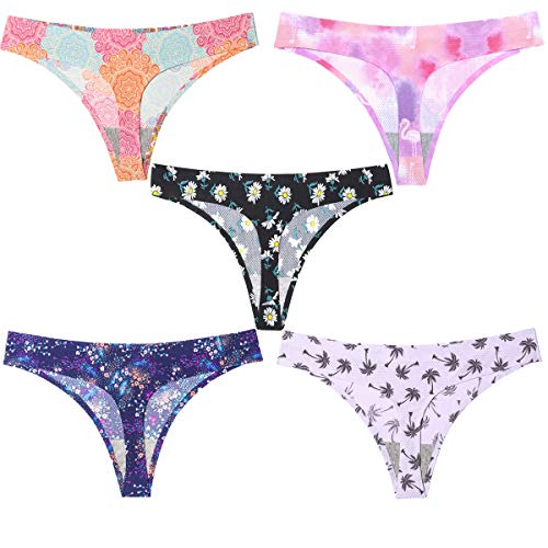 Plus Size Underwear Seamless Thongs For Women Print Panties Breathable Air Holes Floral Low Rise G-Strings T-Back 5 Pack #TOP1