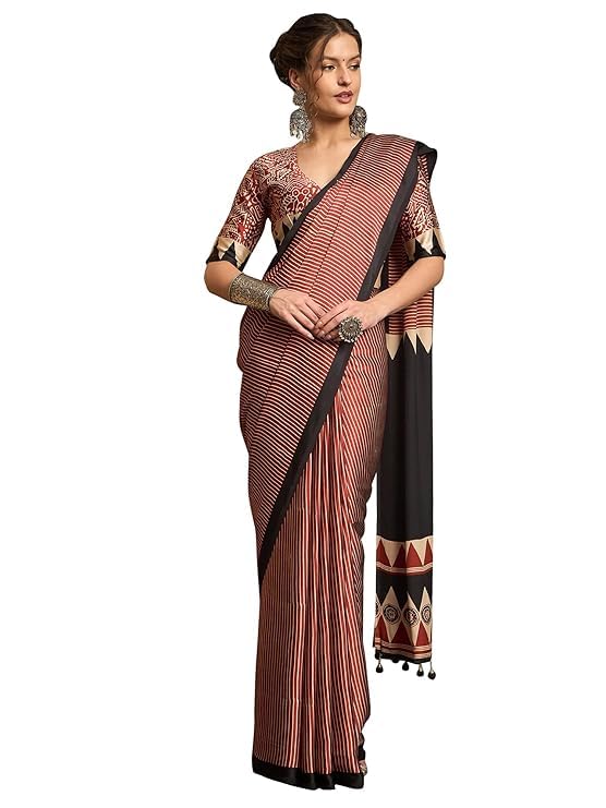 Image of SATIKA VASTRAM Modal Silk Ajrakh Saree Bandhani Design Crepe Printed Designer Pallu Attach Blouse Piece