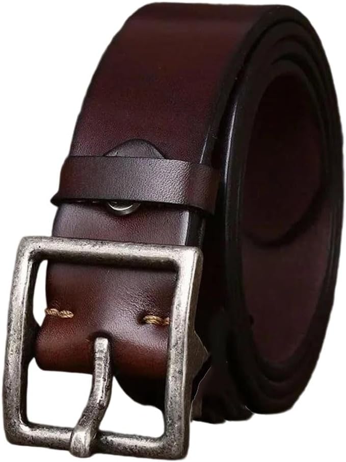 Men's Wide Leather Belt - 4.3 cm Solid Cowhide with Copper Buckle, Western Style