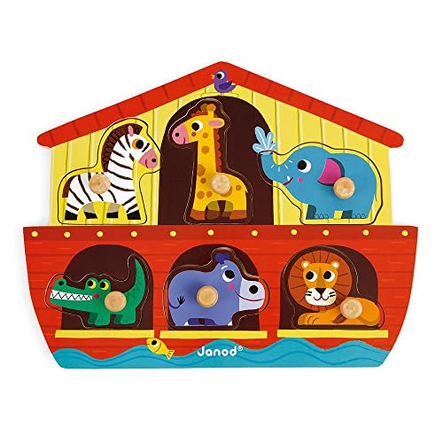 Janod J07062 Wooden Tenon Puzzles 6 pieces, Noah's Ark