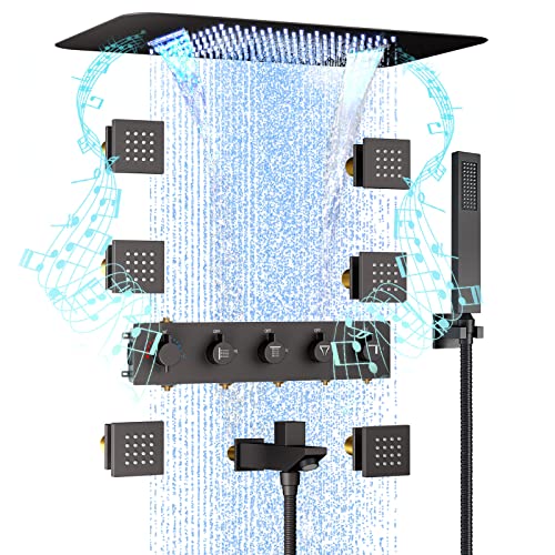 Thermostatic Shower System, 23Inch Matte Black Full Body Shower System with Rain Shower and Handheld and Body Jets, Ceiling Mount LED Smart Shower System with LED Light & Music Thermostatic Shower System, 23Inch Matte Black Full Body Shower System with Rain Shower and Handheld and Body Jets, Ceiling Mount LED Smart Shower System with LED Light & Music