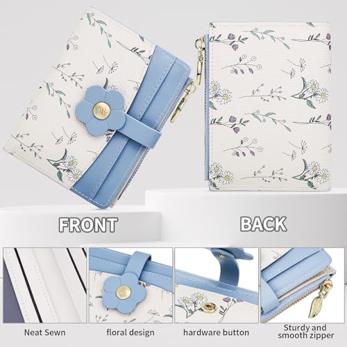 Image of Farcauo Small Floral Womens Wallet Cute Wallets for Women Thin Blue Women's Wallet Kawaii Flower Card Wallets for Women Ladies