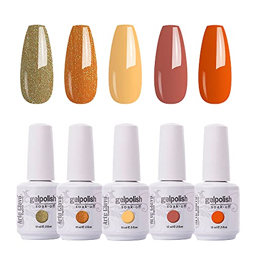 Arte Clavo 15ml Pumkin Orange Glitter Gel Nail Polish Set -Soak Off UV LED Nail Gel Polish Art Varnish Candy Corn Halloween Color Gel Polish Manicure Varnish DIY Pack of 5 Colors Set B560