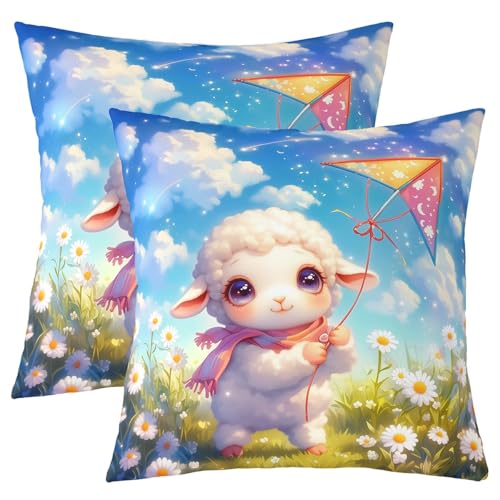 Homewish Lovely Sheep Kids Pillow Covers Cartoon Daisy Blue Sky White Clouds Cushion Cases for Kids Girls Teens Cute Animal Colorful Kite Spring Theme Cushion Covers for Party 16x16 Inch Set of 2