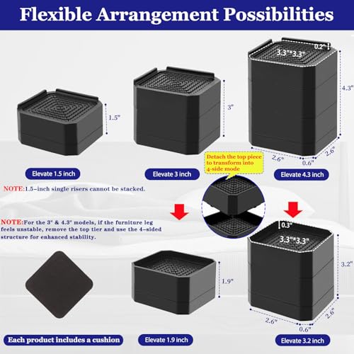 Bed Risers Heavy Duty, Adjustable Furniture Riser Blocks Lift 1.5, 3, 4.3 inches for Couch Table Desk Sofa Chair Legs, Refrigerator, Washing Machine - Support up to 4000 lbs (Black 8 Pack, 3 inch) by Lsteekoop - Used condition - Image 2