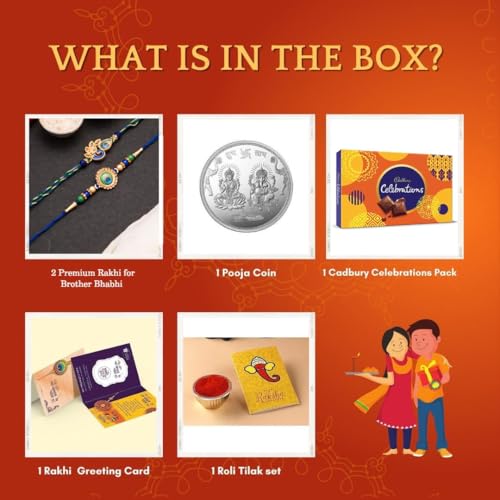 Image of CraftVatika Rakhi Gift for Brother and Bhabhi With Chocolate Pooja Coin Combo| Mor Pankh Rakhi for Men Boy Bhaiya Girls |Cadbury Celebrations with Rakhi with Chocolate Gift Pack Rakhi Set of 2