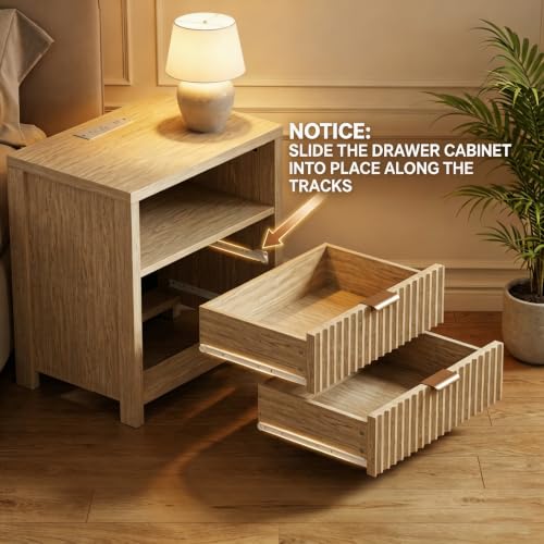 24'' Nightstand with Charging Station, Fluted Night Stand Natural White Oak | Wood Bedside Table with 2 Drawers and Open Shelf, Modern Night Table with Outlet for Bedroom - Image 6