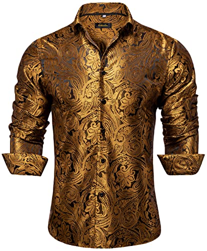 DiBanGu Men's Silk Paisley Dress Shirt Formal Long Sleeve Button-Down Casual Shirts for Wedding Party