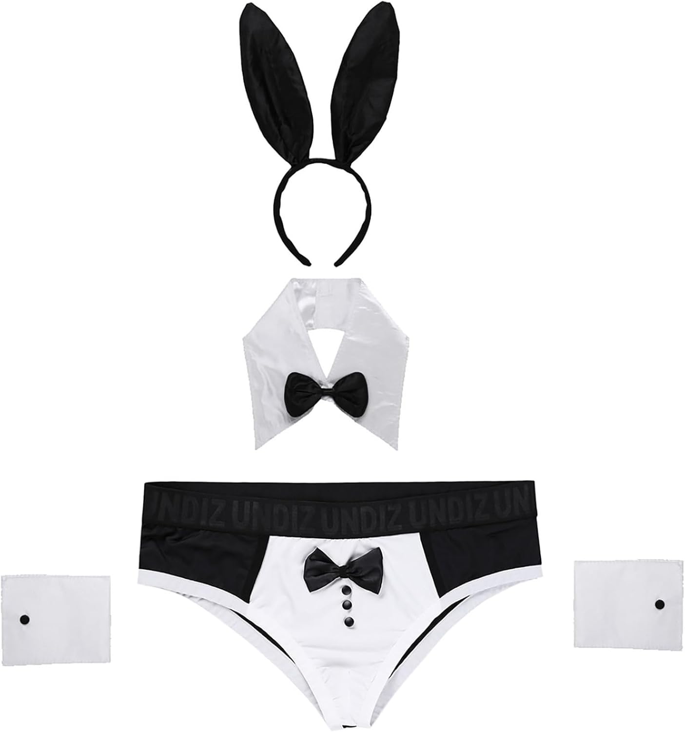 Men's Lingerie Color Block Bowknot Briefs Underwear with Bunny Ears Headband Set