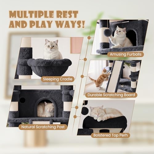 Image of SHA CERLIN 81 Inches Extra Large Cat Tree for Indoor Adult Cats /XXL Big Cat Tower with Condo /Cozy Perches /Sisal Scratching Posts and Hammocks /Activity Center /F80 /Heavy Duty /Dark Grey