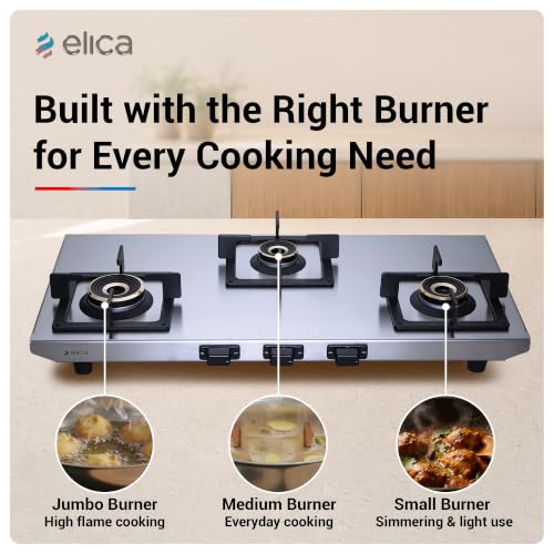 Image of Elica 3 Burner 2mm Stainless Steel Gas Stove | INOX HD 3B 77 SG | 77cm Wide Layout, Forged Brass Burners - 1 Jumbo 1 Medium & 1 Small Burner, Square Grid Pan Support, 2 Yr Warranty