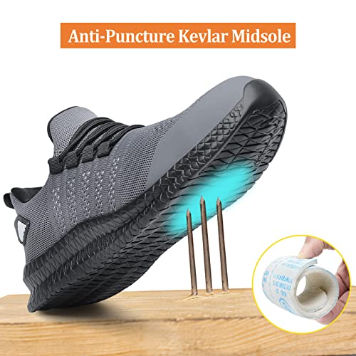 Steel Toe Shoes for Men and Women Comfortable Lightweight Work Safety Shoes Puncture Proof Slip Resistant Indestructible Sneakers Construction Work Utility Grey White M13