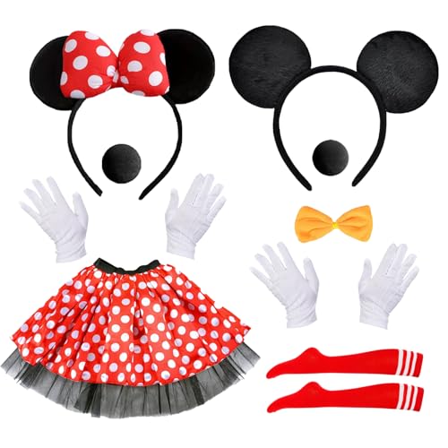 iDattel Maus Mouse Kostüm,fasching kostüm Damen Mädchen Set Rot Tutu/Haarreifen mit Maus Ohren/Handschuhe/Nase/Strümpfe/Fliege Schleife für Fasching Karneval Halloween Motto Cosplay Party