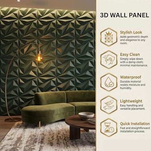 Image of Kayra Decor 3D PVC Wall Panel - Alps Design Olive Green Color 19.7 inch x 19.7 inch (Pack of 12) - Covers 32.34 Sq. Ft.