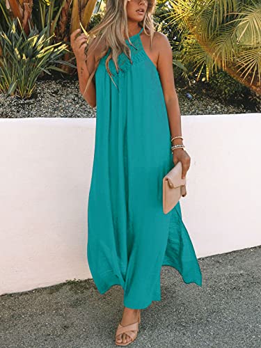 Image of FARORO Sleeveless Long Dress for Women Boho Halter Maxi Sundress Casual Loose Dresses Split Cover Up Gown with Pockets