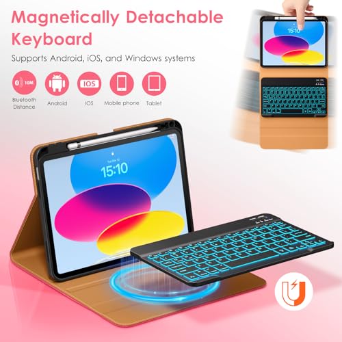 Image of DTTO for iPad 11th (A16) / 10th Generation Case with Keyboard (2025 /2022), 7 Colors Backlit Wireless Detachable Keyboard Leather Folio Cover with Pencil Holder & Pocket, Rose Red A2