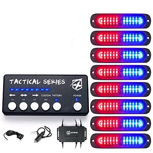 Xprite Red Blue LED Surface Mount Strobe Police Lights Kit, w/ Control Panel Emergency Safety Warning Flashing Grille Cop Marker Light Assembly for Vehicles Trucks ATV UTV Motorcycle 8PCS