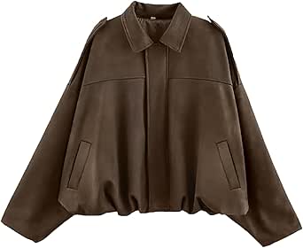 Women's Faux Suede Bomber Jacket Oversized Long Sleeve Cropped Coat