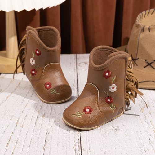 Image of Meckior Baby Girls Cowboy Tassel Boots Side Zipper Moccasins Soft Bottom Non-Slip Toddler Shoe