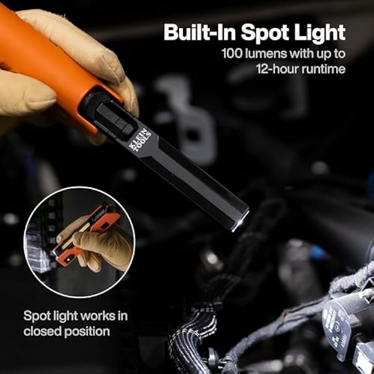Klein Tools 56073 Foldable Handheld Work Light, 500-Lumen LED with 180-Degree Pivot and 270-Degree Rotation, USB-C Rechargeable Flashlight with Built-In Spotlight, Magnetic Base, IP54-Rated