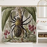 Spinnen-Duschvorhang, naturalistisch, botanisches Himbeerblatt, Herbst, schwarzes Polyester, wasserdicht, Badewannentuch, Gardinen für Toilette, Badezimmer, Wohnheim, 183 x 198 cm