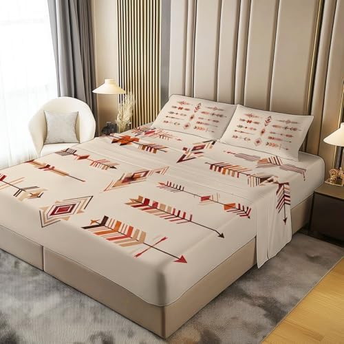 Bed Sheet Soft Microfiber 4 Pieces King Size America Tribe Arrow Rhombus Pattern Bedding Sheet Set with 1 Fitted Sheet and 2 Pillowcases,16 Inches Deep, Brown - Thumbnail 5
