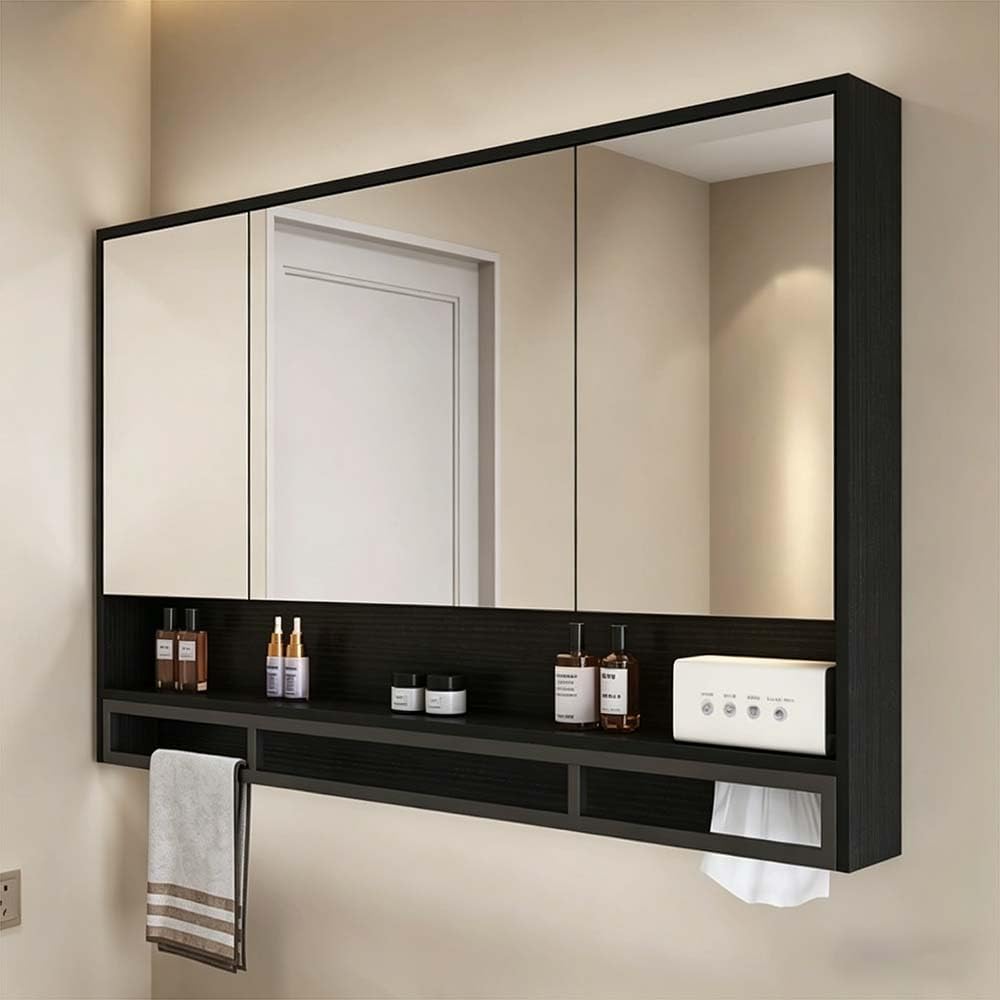 Podświetlana szafka łazienkowa LED z lustrem z przyciskiem przeciwmgielnym, czarne lusterko do makijażu, oszczędność miejsca, 120 x 13 x 80 cm, do nowoczesnych łazienek, elegancki organizer