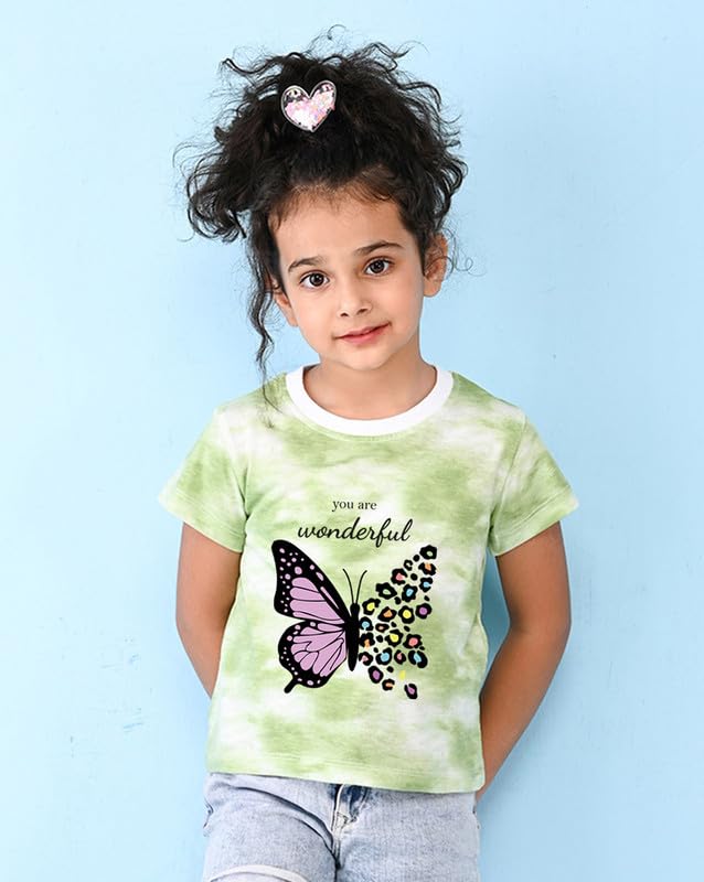 Image of Nusyl Sky Blue Butterfly Printed Round Neck Half Sleeve Tie & Dye Tshirt|Printed Top| Half Sleeves T-Shirt with Ribbed Neck| Regular Fit | Soft Fabric