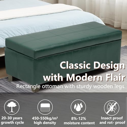 Image of 51 Inch Storage Ottoman, Storage Bench with Safety Hinge, Upholstered Synthetic Leather Ottoman Bench for Bedroom, Living Room, Entryway, Hallway, Foot Rest, Support 500lbs